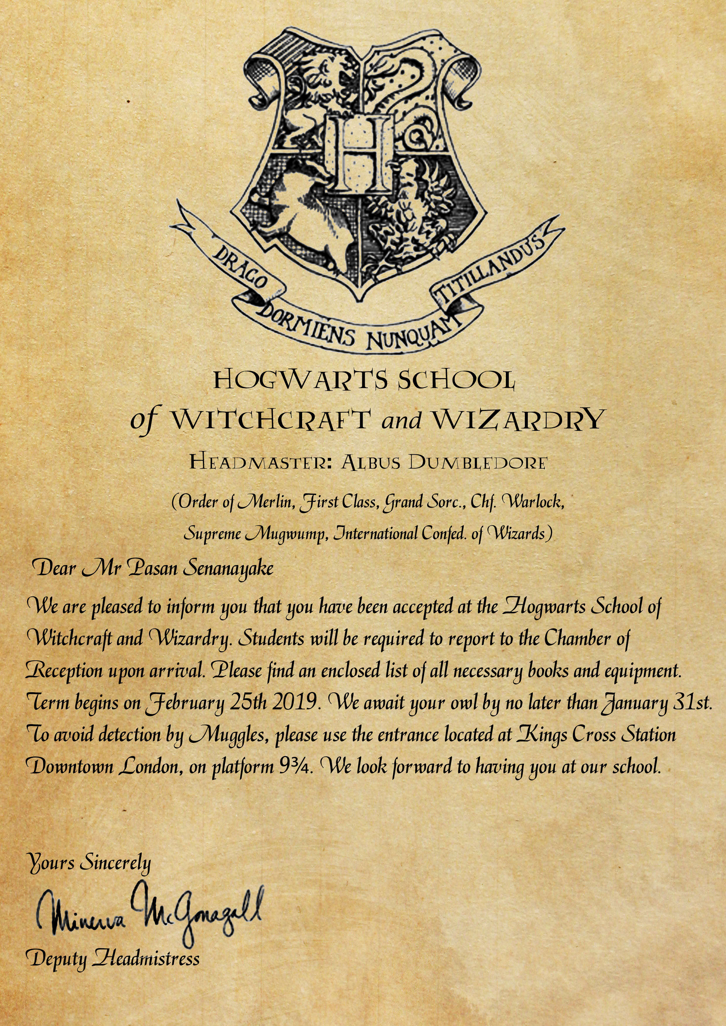Free Printable Hogwarts Letter