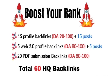 60 HQ backlinks, Profile backlinks, web 2.0, PDF submission with posts. (All DA 80+)